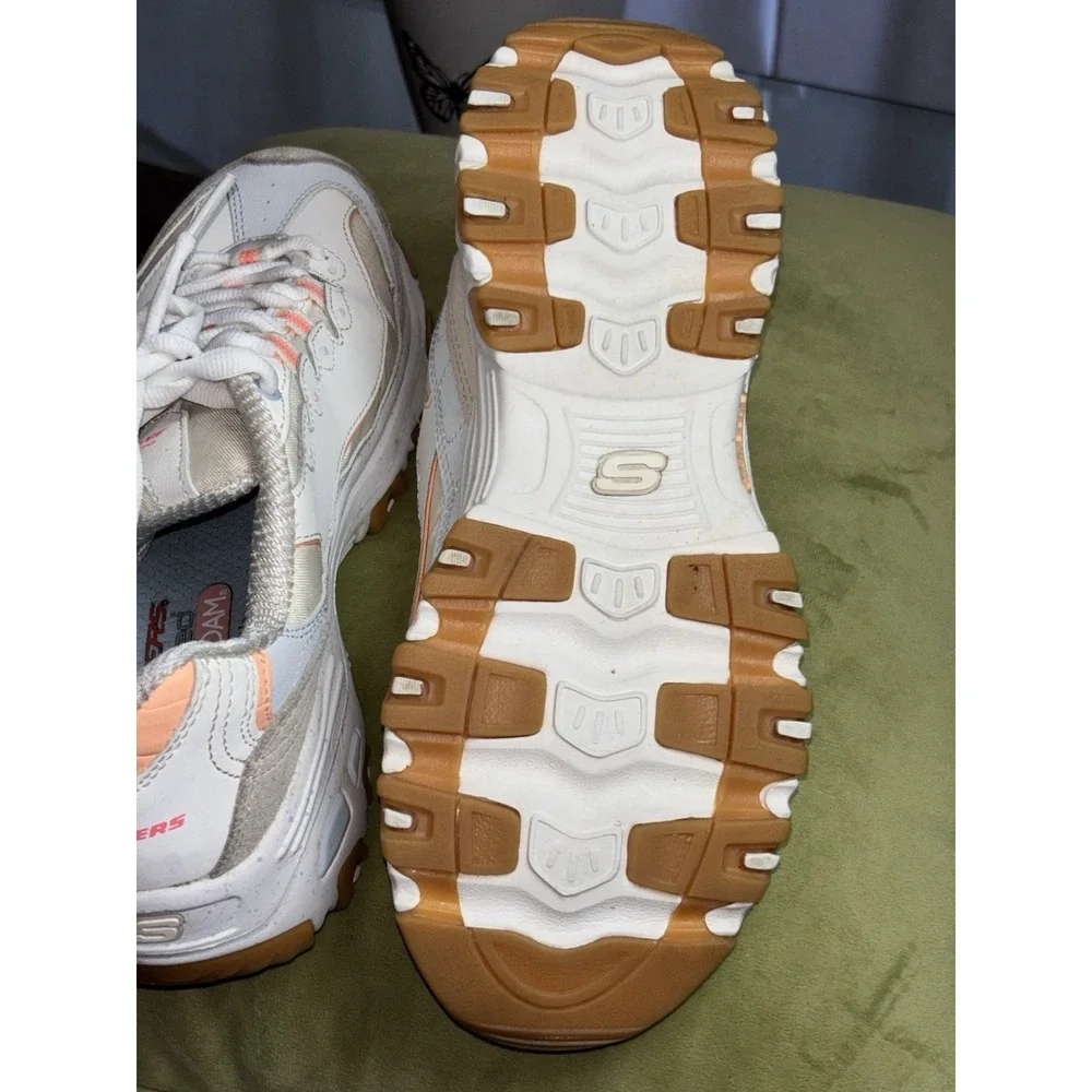 SKECHERS D'Lites Women's Memory Foam Sneaker White Peach Gray SN 149589